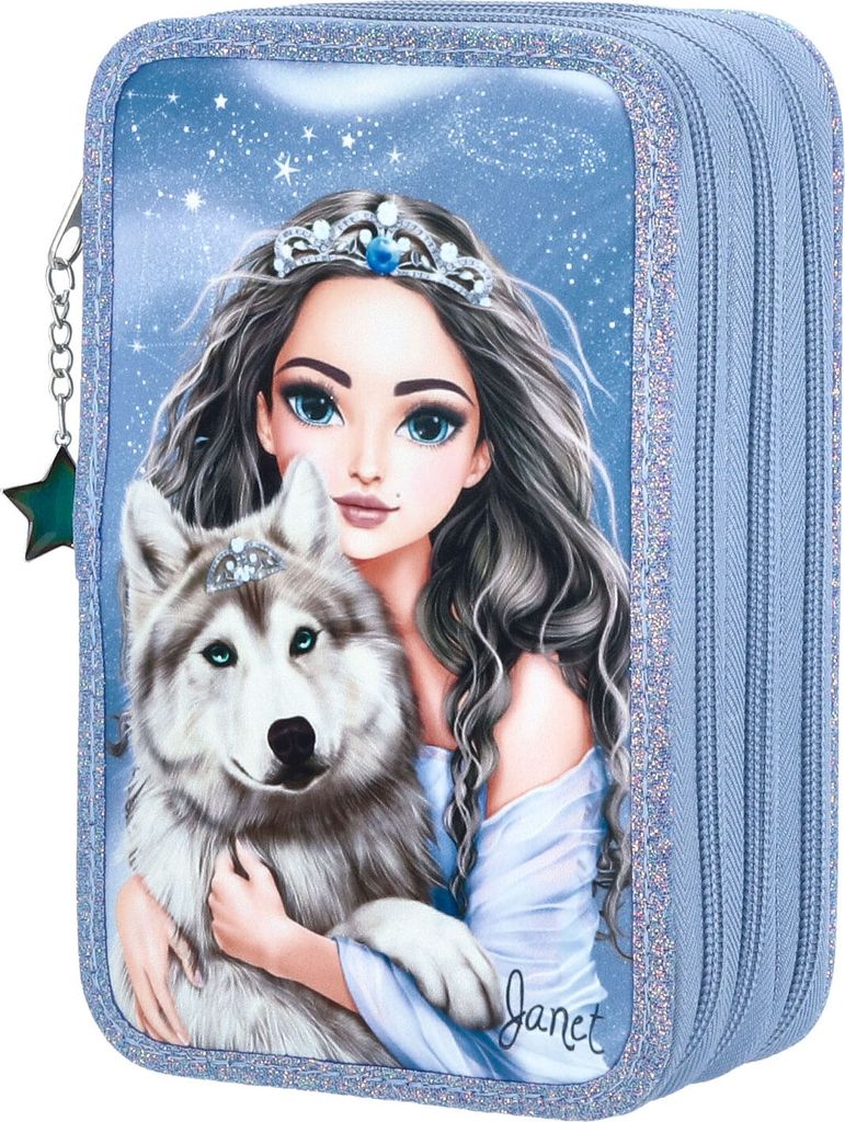 A close-up of a pencil case featuring a fantasy-style illustration of a woman with a wolf.