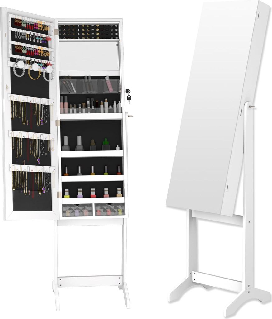 JOIEYOU Schmuckschrank mit Spiegel Spiegelschrank Schminkschrank Stehend mit Beleuchtung Abschließbar Schmuckaufbewahrung Make-Up Organizer 2 in 1...
