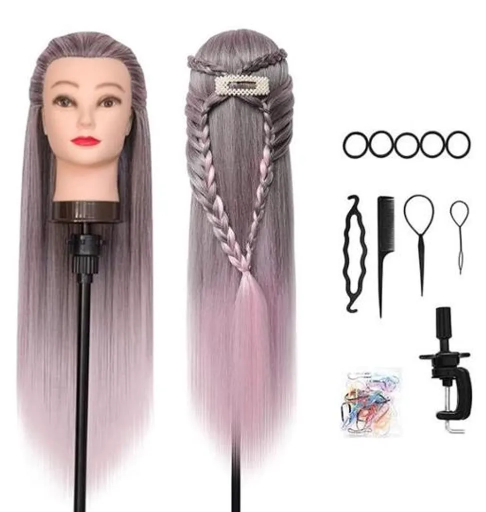 Tête d'étude de coiffure pour tressage gris et rose avec accessoires