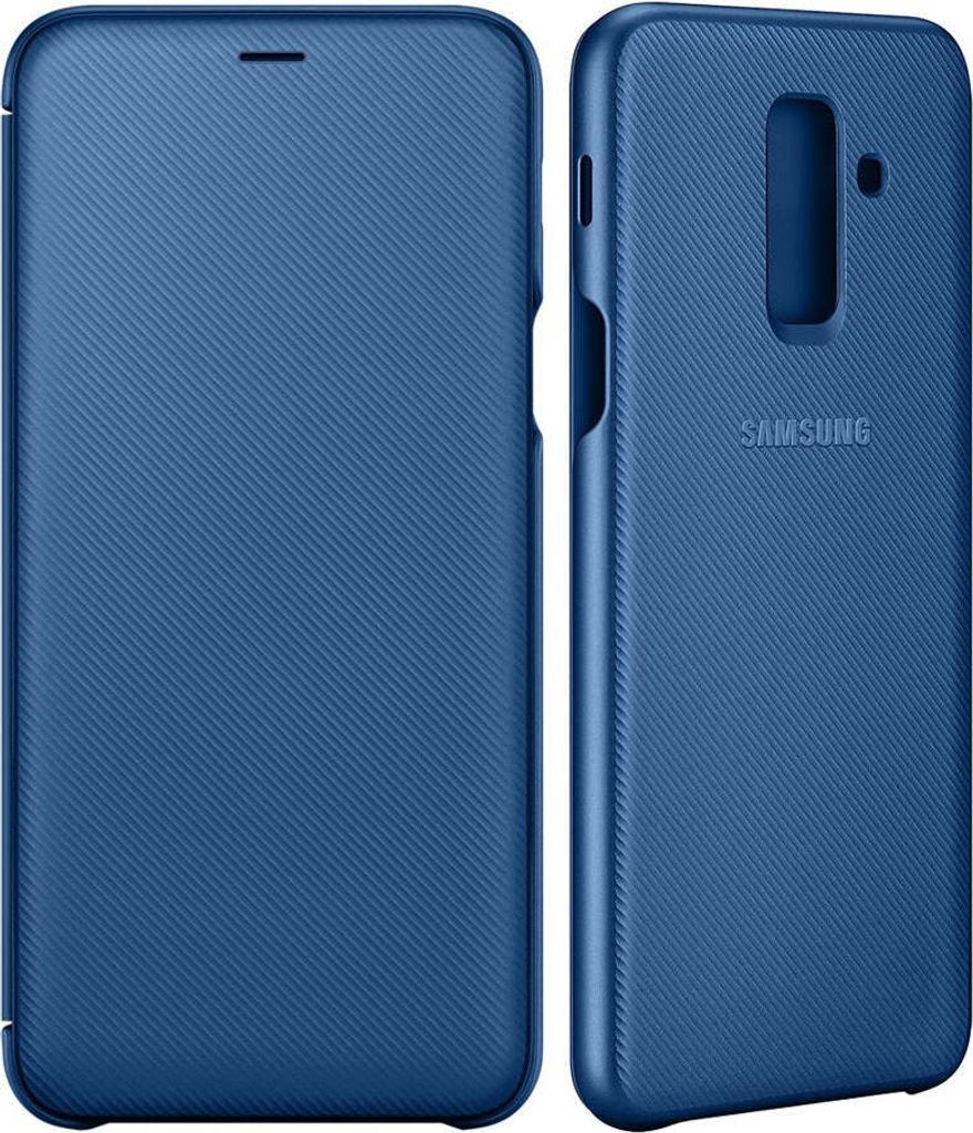 A blue Samsung flip cover for a smartphone is shown from two angles.