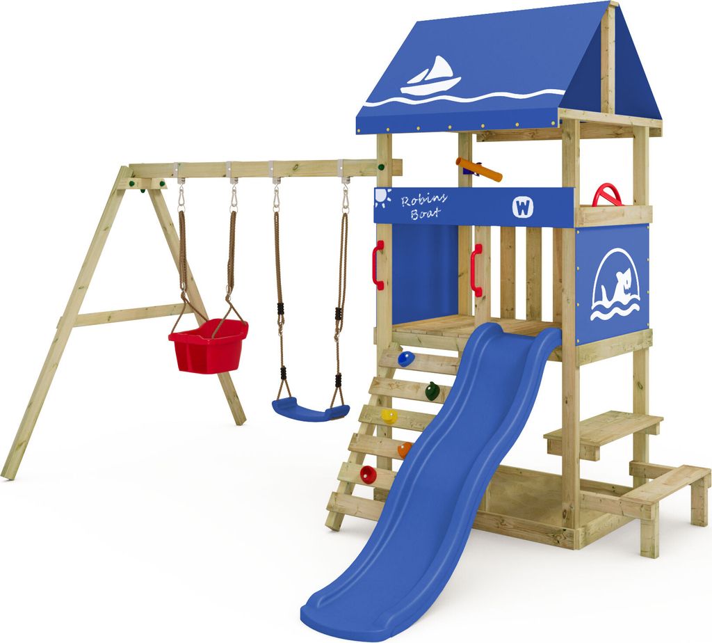 WICKEY Spielturm Klettergerüst DinkyHouse mit Schaukel & Rutsche, Kletterturm mit Sandkasten, Leiter & Picknicktisch - blau