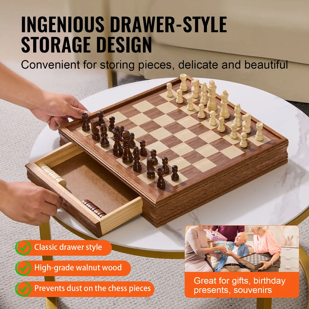 Jeu d'échecs & Dames 15" en bois - Idéal Tournoi & Débutant - 3
