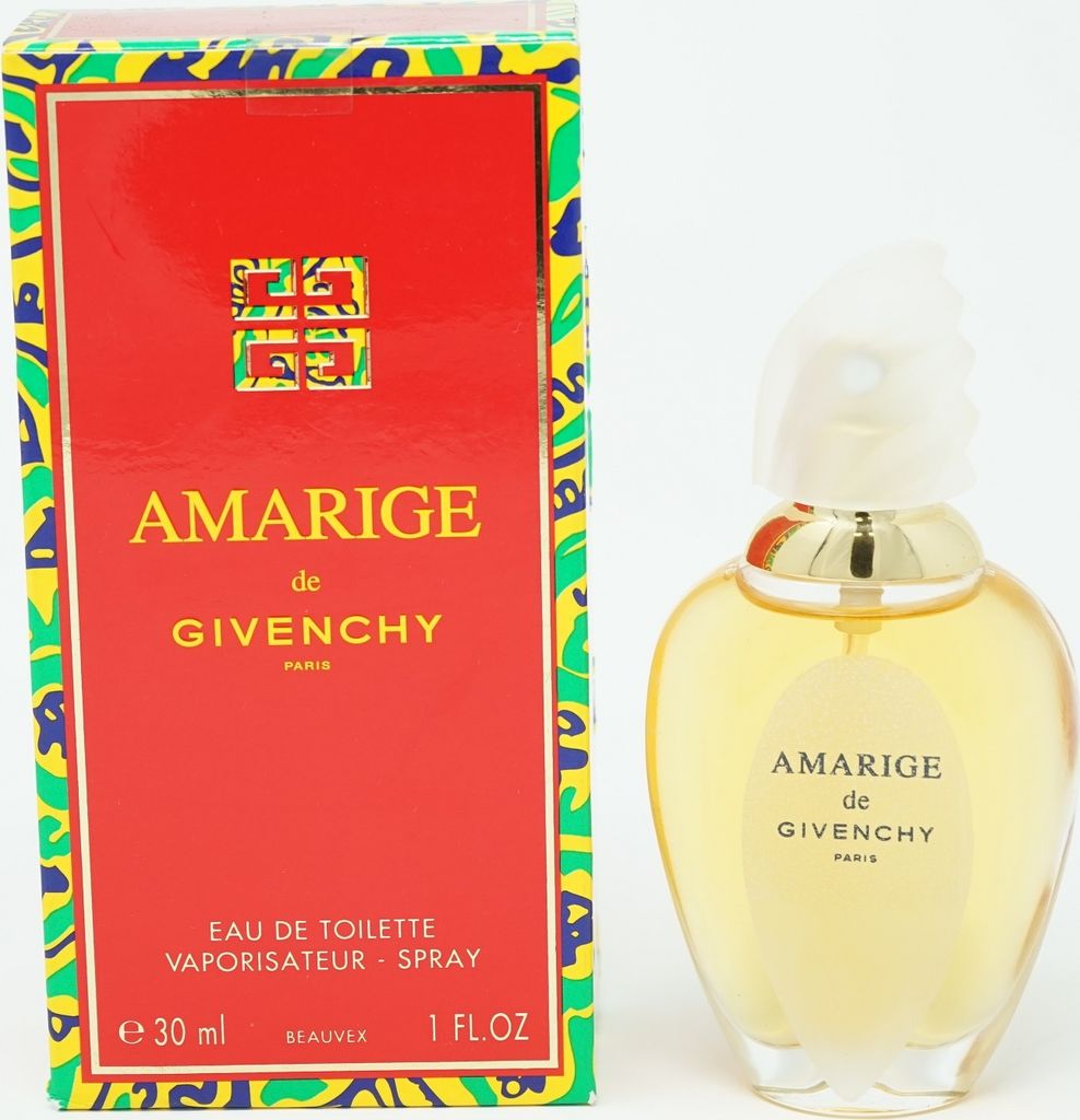 A box of Givenchy Amarige perfume and a bottle of the perfume are displayed side-by-side against a white background.