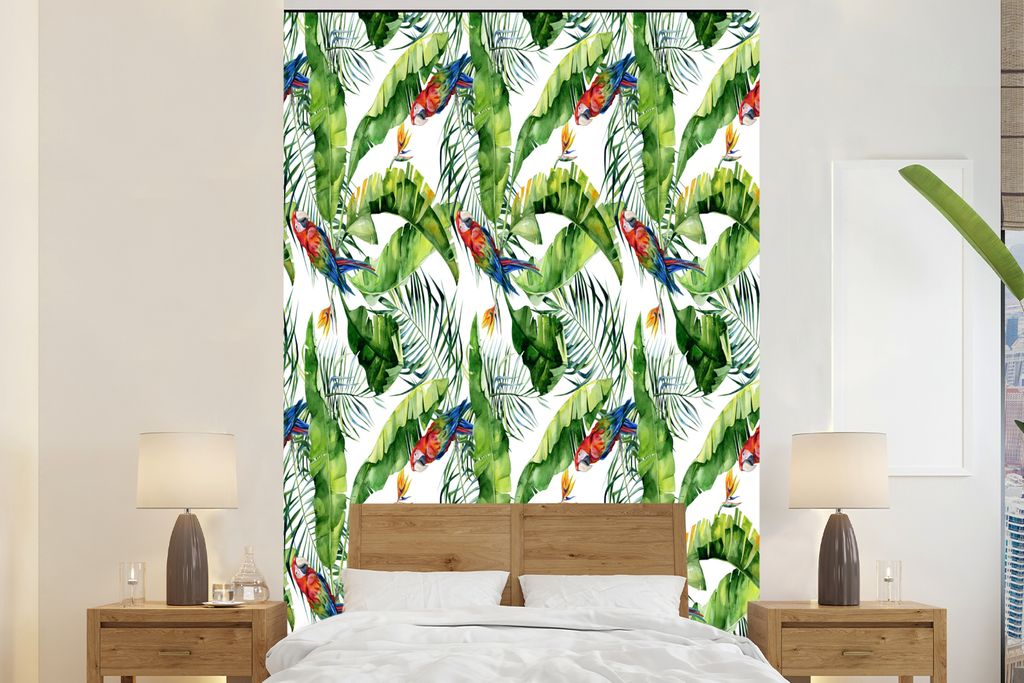 MuchoWow Fototapete für Wohnzimmer oder Schlafzimmer Wandtapete Vinyl Motivtapete Blumen - Paradiesvogelpflanze - Papagei - 200x300 cm - Wanddek...