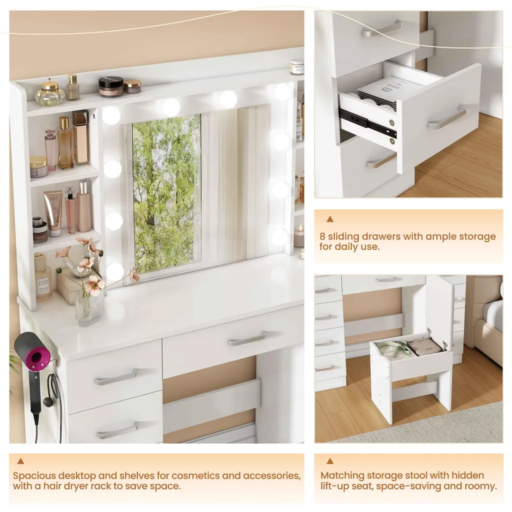 Coiffeuse de Chambre Blanche 110cm : Éclairage LED et Rangement Malin