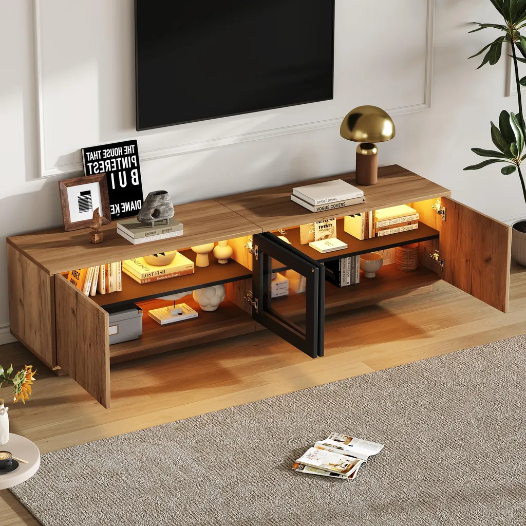 Meuble TV Salon 180 cm pour Écran 75 Pouces, Rangement Fortuna Lai LED