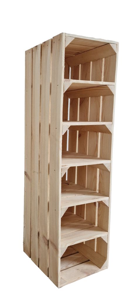 A tall, narrow wooden shelf unit made of stacked crates, with six open compartments, standing against a white background.