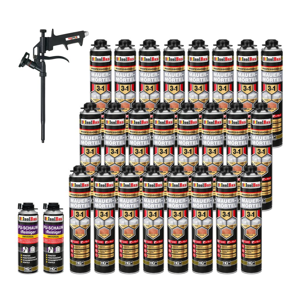 Isolbau Mauermörtel Pistolenschaum SET - Teflon Schaumpistole, 2 x PolyurethanReiniger Montageschaum Klebeschaum PolyurethanMörtel 24 x 750ml