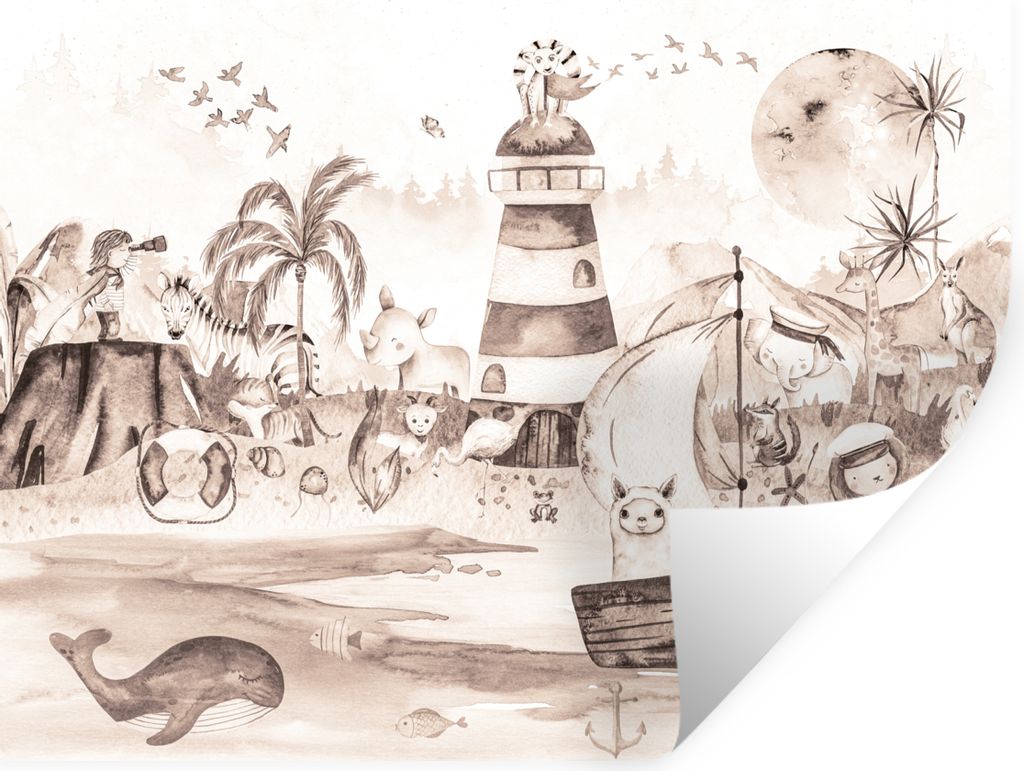 MuchoWow Wandtattoo Wandsticker Wandaufkleber Strand - Kinder - Leuchtturm - Alpaka - Meer - Tiere 160x120 cm Selbstklebend und Repositionierbar ...