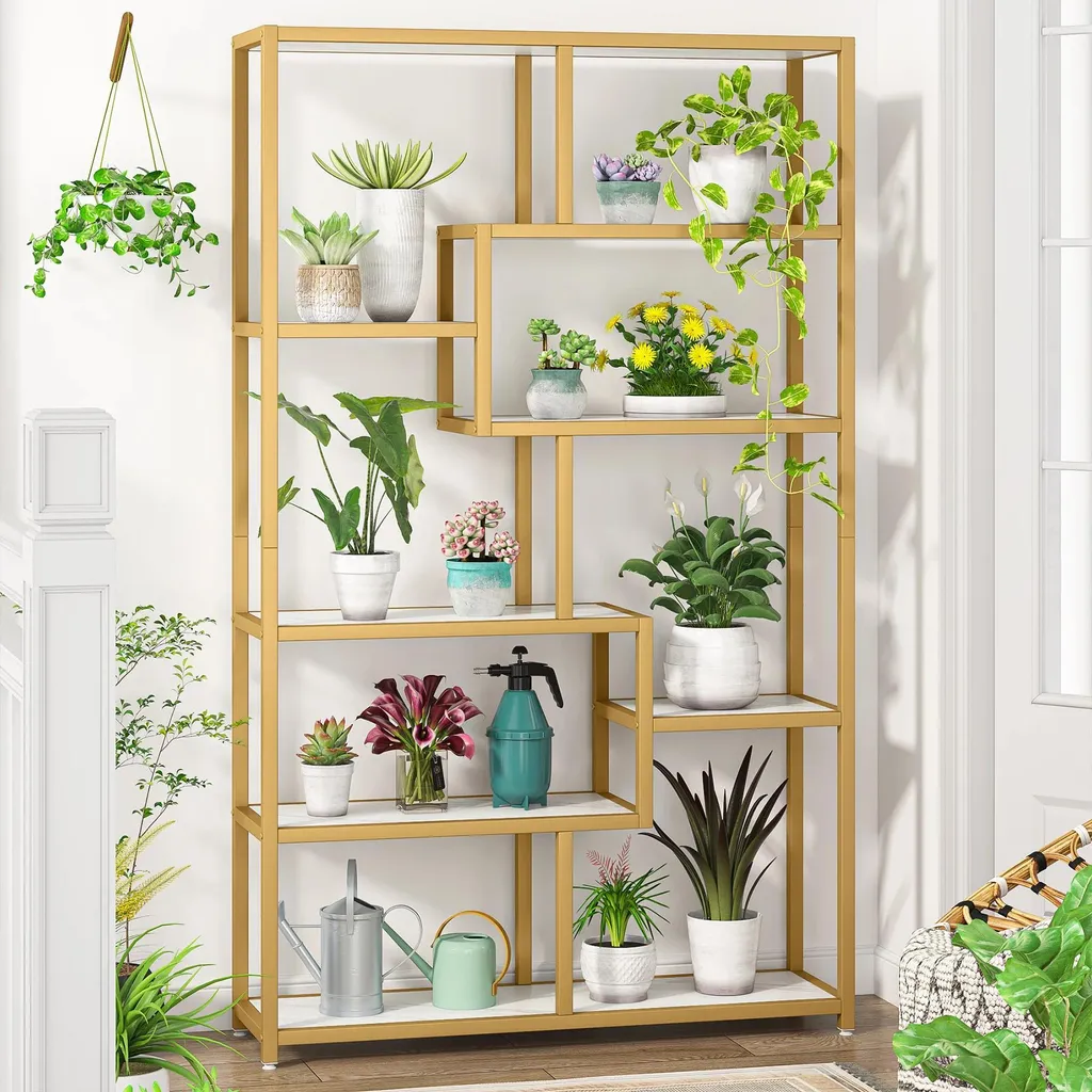 Bibliothèque à 5 étagères dorée 180 cm avec 8 compartiments ouverts