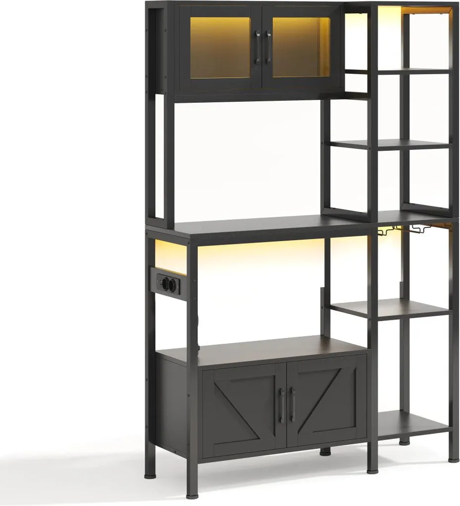 Buffet de cuisine ouvert 115cm Noir avec support micro-ondes et LED - 12
