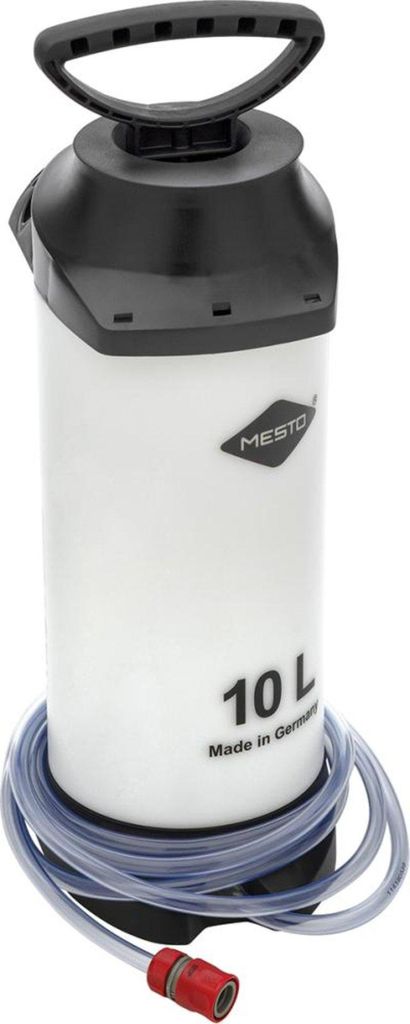A white pressure vessel with a black handle and lid, and a coiled clear hose with a red connector.