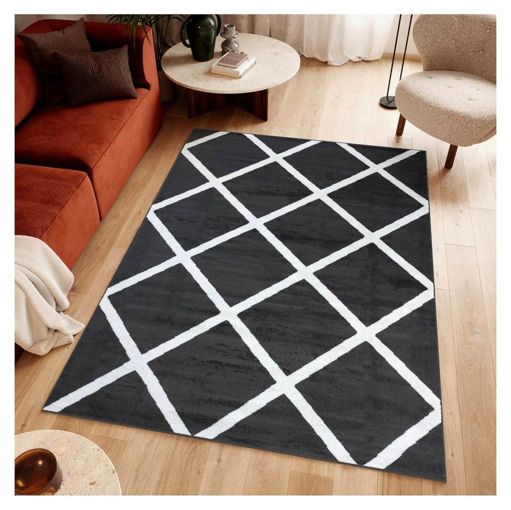 Teppich Kurzflor Wohnzimmer Schlafzimmer Dunkelgrau Weiß Modernes Karo Design Marokkanisches Geometrisches Muster 120 x 170 cm