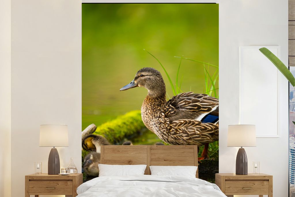 MuchoWow Fototapete für Wohnzimmer oder Schlafzimmer Wandtapete Vinyl Motivtapete Ente - Vögel - Wasser - Zweig - Moos - 145x220 cm - Wanddekor...
