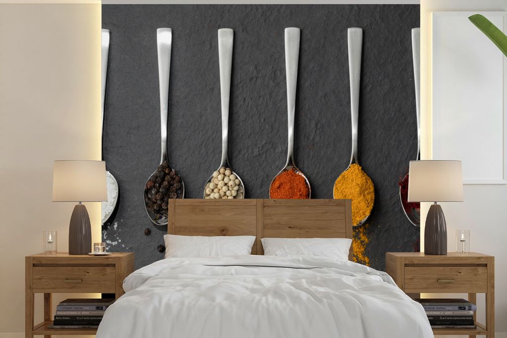 MuchoWow Fototapete für Wohnzimmer oder Schlafzimmer Wandtapete Vinyl Motivtapete Gewürze - Löffel - Tisch - Rustikal - Gewürze - 240x240 cm ...