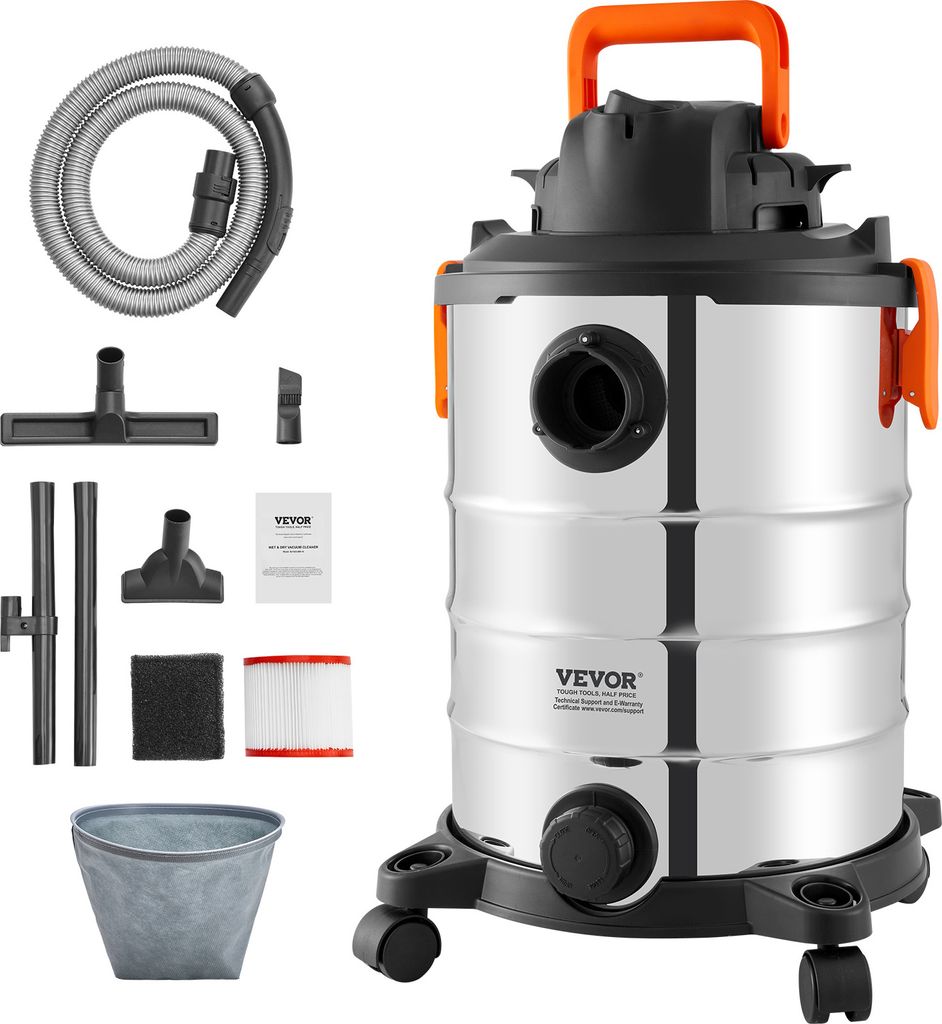 A wet/dry vacuum cleaner and its accessories are displayed against a white background.