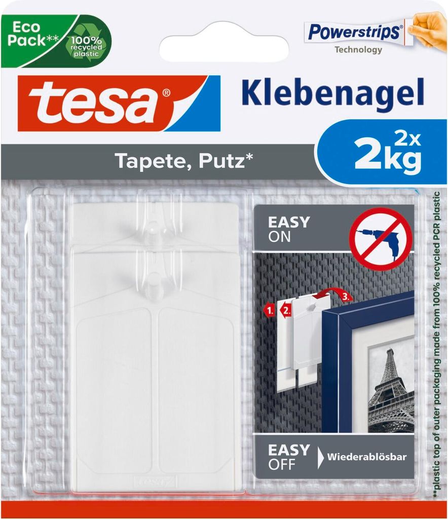 tesa Klebenagel für Tapeten und Putz Powerstrips Nagel (2 St.), Klebehaken