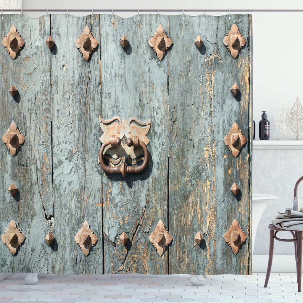 ABAKUHAUS Rustikal Duschvorhang, Europäische Kathedrale mit Rusty Old Door Knocker gotischen mittelalterlichen Zeiten spanischen Stil, 175 x 180 c...