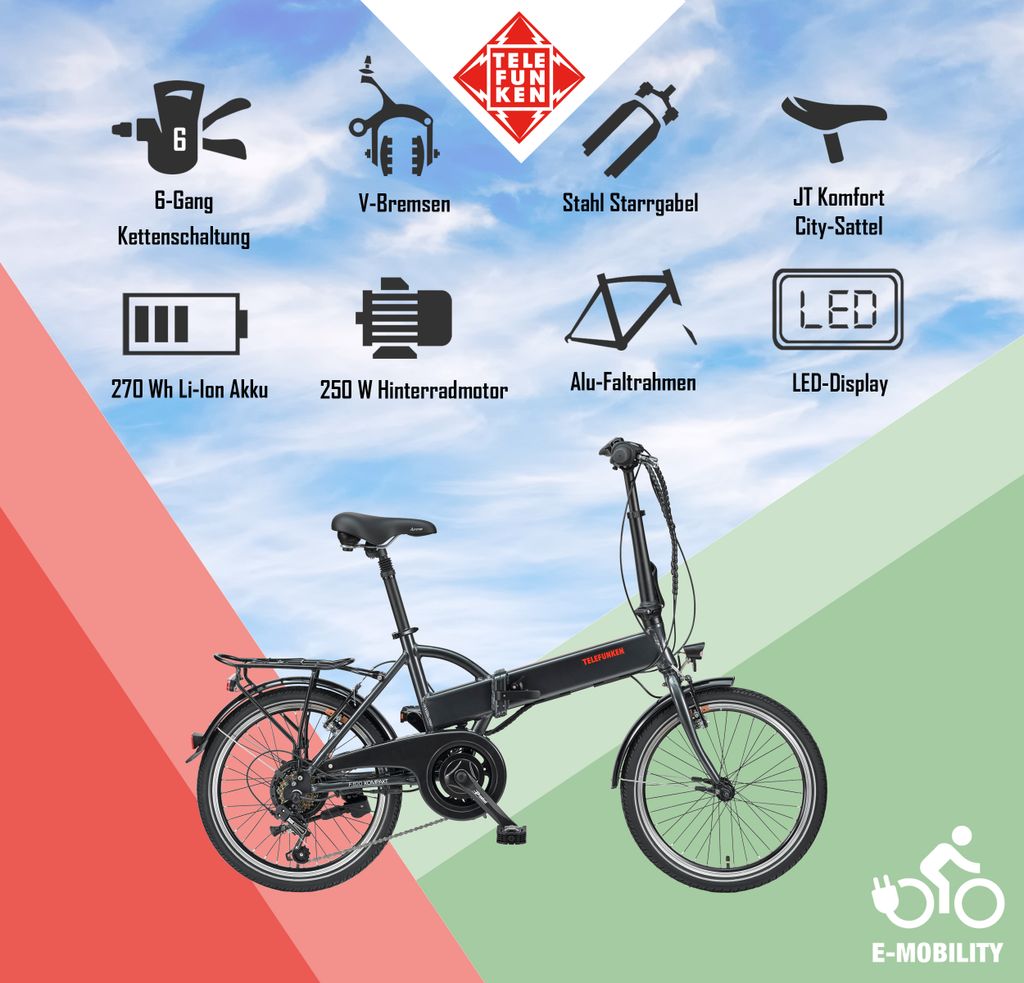 Telefunken E-Bike 20 Zoll Faltrad Pedelec Fahrrad 6 Gang Produktbild 5