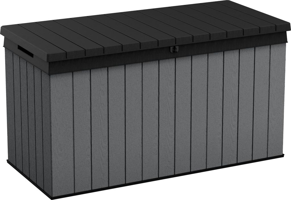 Keter Gartenbox "Darwin" 570L Anthrazit - 143x65x78 cm - naturgetreue Holzoptik - Deckel bis 300 kg belastbar - mit Gasdruckfedern