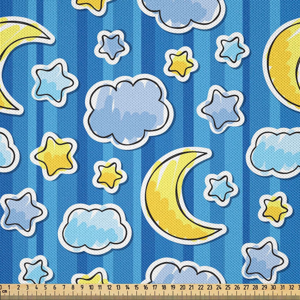 ABAKUHAUS Baby Satin Stoff als Meterware, Abstrakte Skyline mit Stern-Wolken und Crescent Moon vertikalem gestreiftem Hintergrund-Gekritzel, 1 M (1...