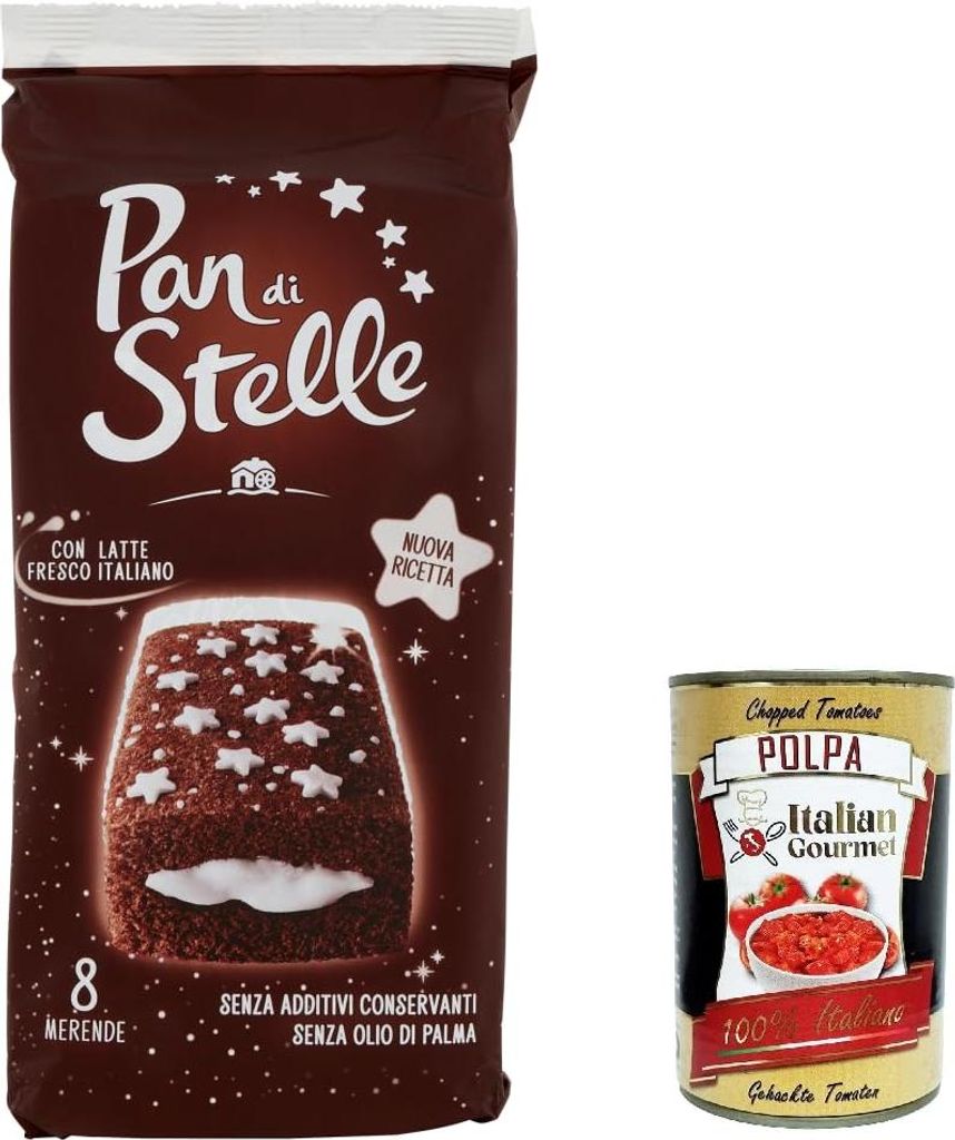 6x Pan di Stelle Merenda, Biskuit kuchen mit Kakao und Milchcreme 280g + Italian Gourmet polpa 400g