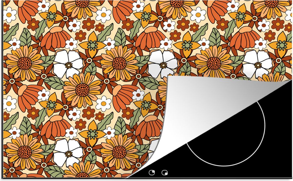 KitchenYeah Herdabdeckplatte Blumen - Vintage - Muster , 81x52cm, Küche Deko, Glaskeramikfeld Herdabdeckung, Abdeckplatte fùr Kochfeld