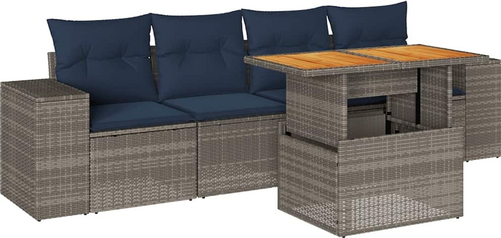 5-tlg. Garten-Sofagarnitur mit Kissen Grau Poly Rattan