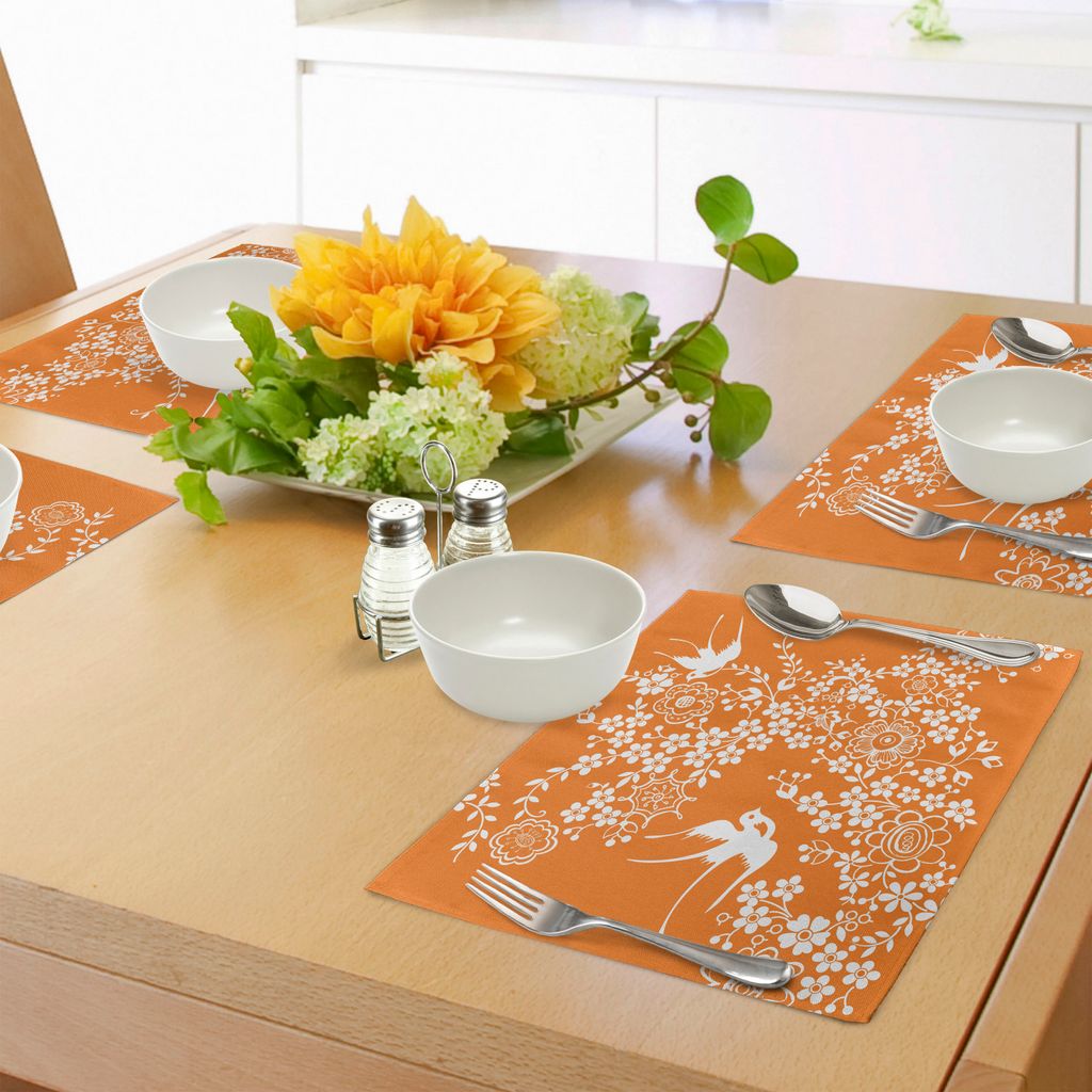 ABAKUHAUS Orange und Weiß Platzmatten, Asiatische Flora und Fauna Doodle Style Vogel Silhouetten und Blumen, Tiscjdeco aus Farbfesten Stoff für d...