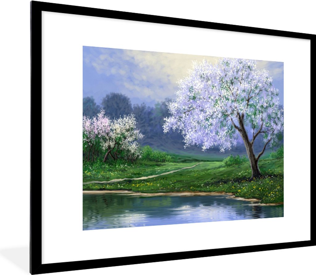 MuchoWow Gerahmtes Poster Malerei - Baum - Blüte - Natur - Wasser 80x60 cm - Poster mit Schwarzem Bilderrahmen Wandposter Rahmen Foto Bilder - S...