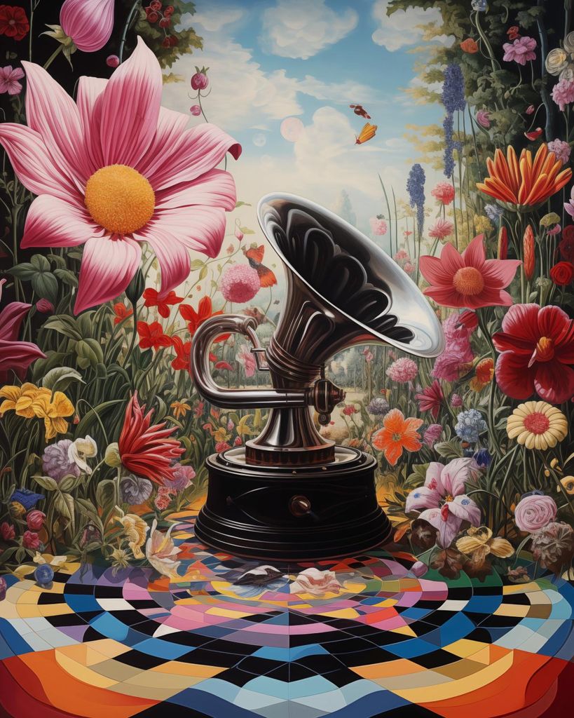 Plakat 40x50cm Plattenspieler in Blumen