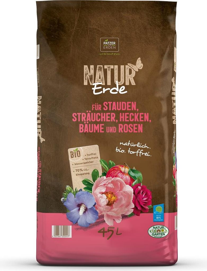 PATZER NATUR Erde BIO für Stauden Sträucher Hecken Bäume & Rosen torffrei - 45 Liter