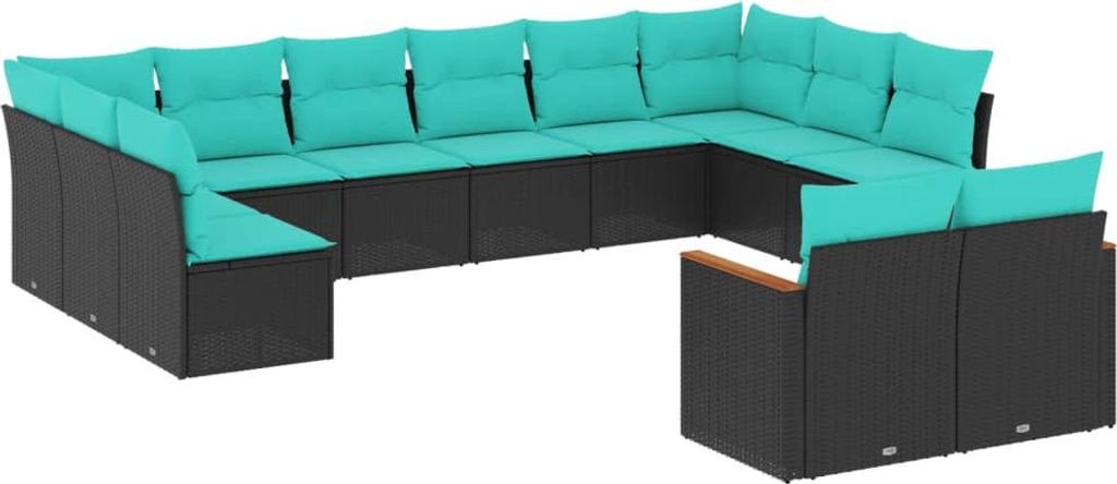 vidaXL 12-teiliges Gartensofa-Set mit Kissen, schwarzes Polyrattan