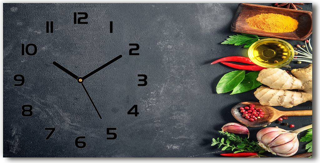 Wanduhr aus Glas – 60x30 cm - Glasbild - Glasuhr - Gehärtetes Glas - schwarze-zeiger - Kräuter und Gewürze