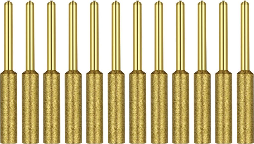 A row of identical gold-colored sharpening bits.