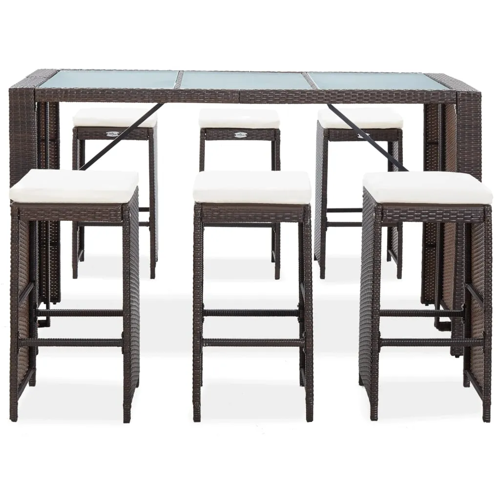 Salon de bar extérieur 7 pièces avec tabourets et coussins marron