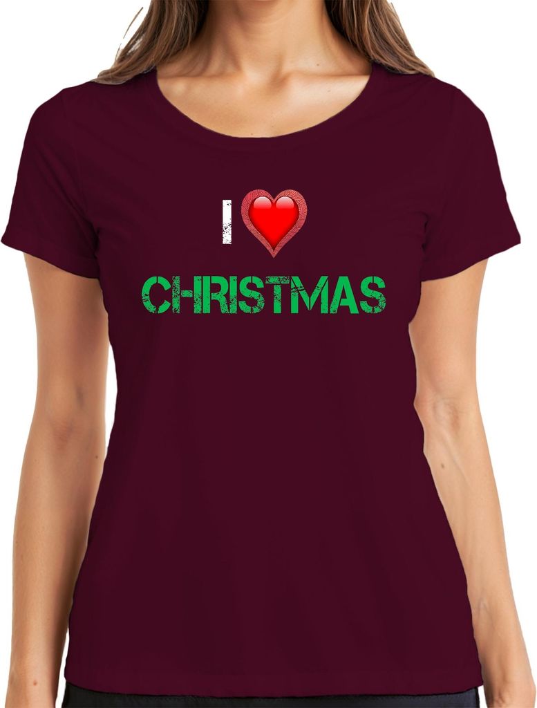 I Love Christmas Herz Rot Grunge Weihnachten Geschenk Vintage Damen T-Shirt, Burgundy, XL