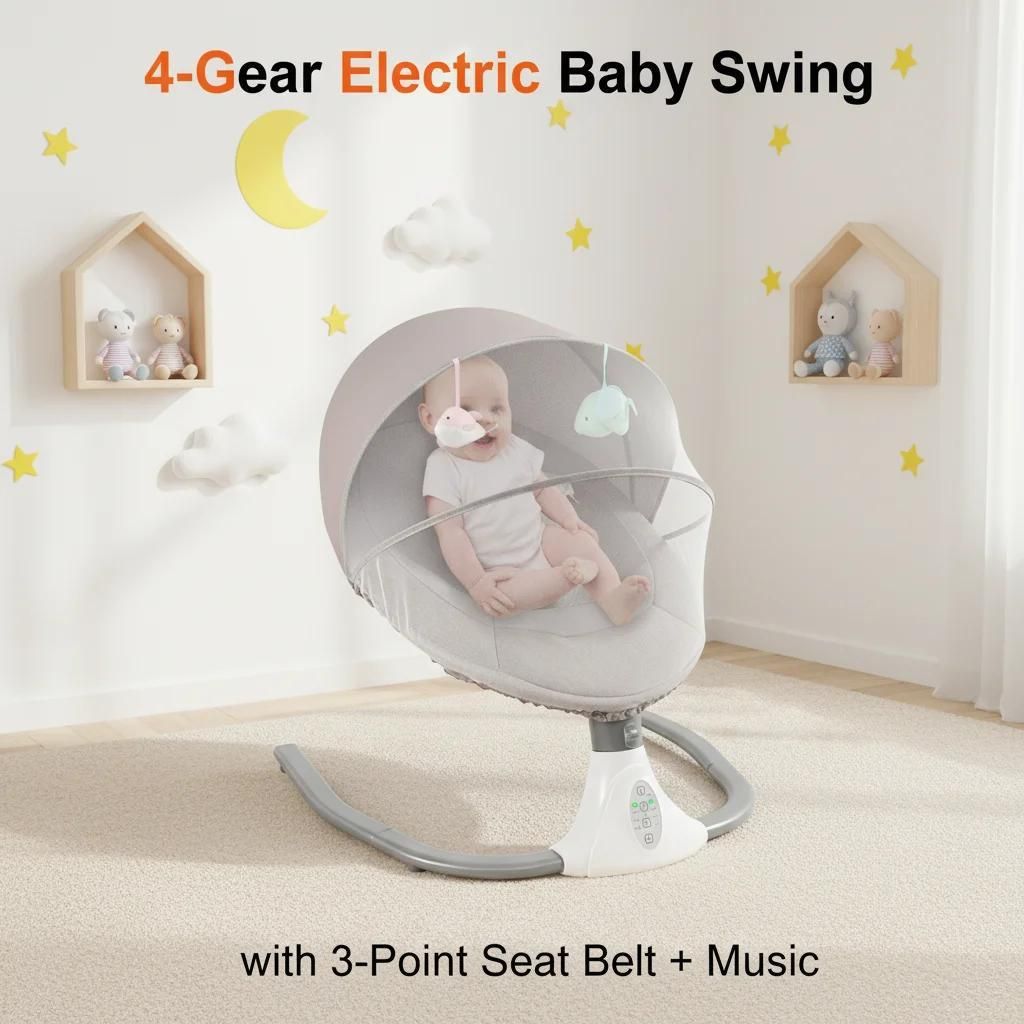 Elektrische Babyschaukel - Babywippe mit Musik - 4 Stufen - Fernbedienung 5 m - Timer 8/15/30/60 Min - Winkel 10°–22° - 3-Punkt-Gurt - Grau