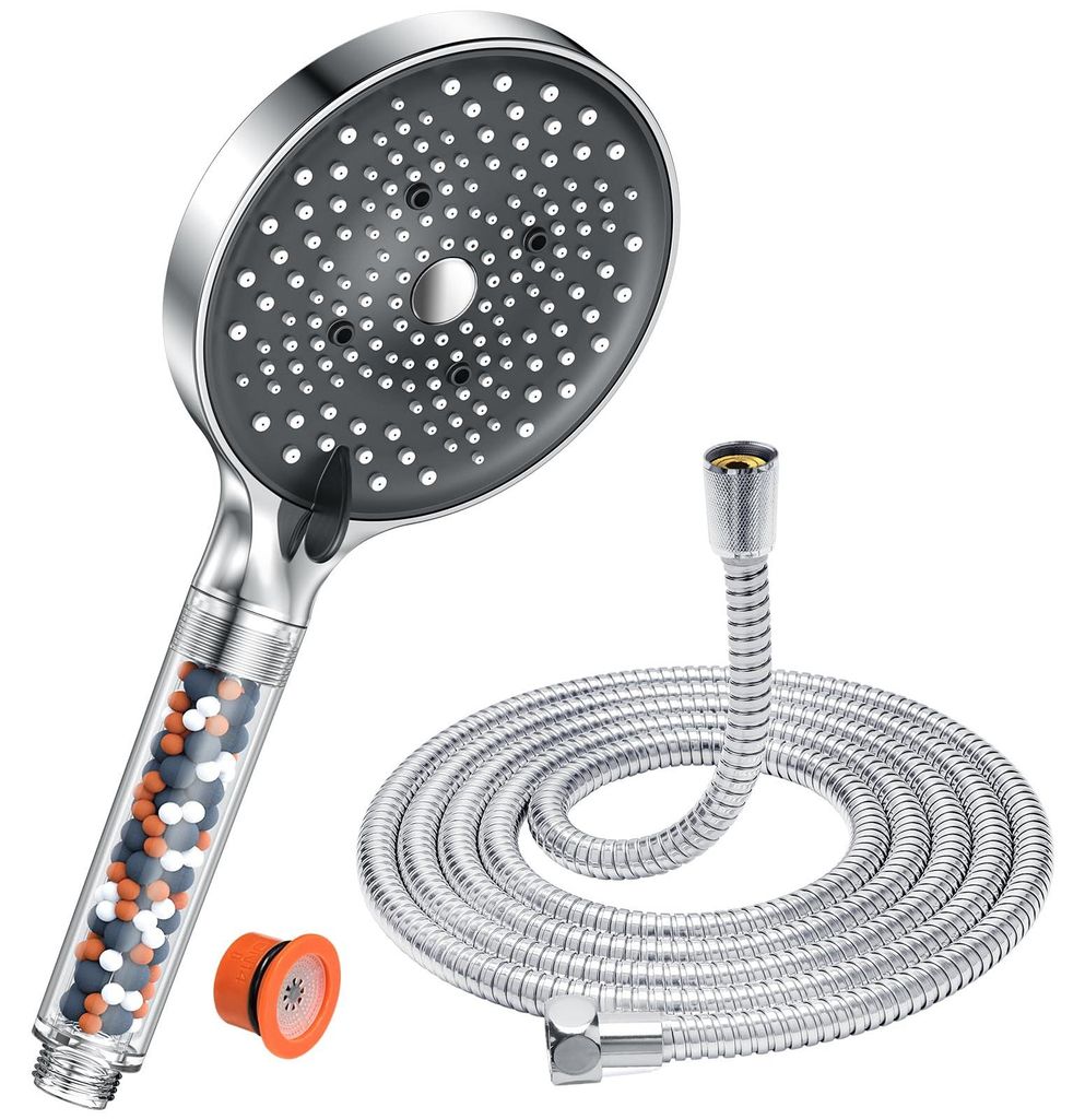 Duschkopf mit Schlauch 1,6M - YEAUPE PRO Wassersparender Regenduschkopf mit Filter, 6 Strahlarten, Sparduschkopf 7,5L/min (130mm Durchmesser), Chrom