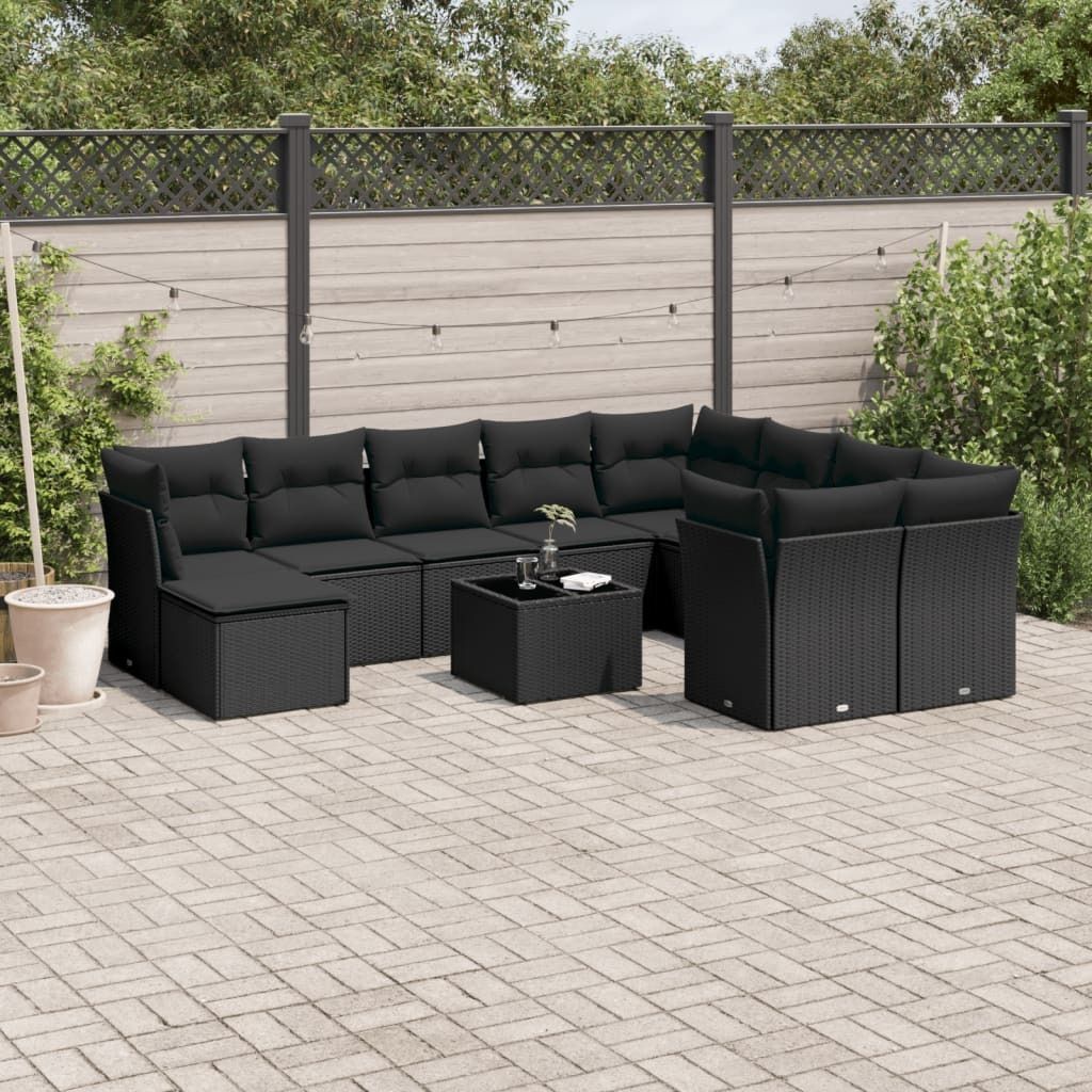 CLORIS 11-tlg. Garten-Sofagarnitur - mit Kissen - Schwarz Poly Rattan - Gartenmöbelgarnituren LL0000256825