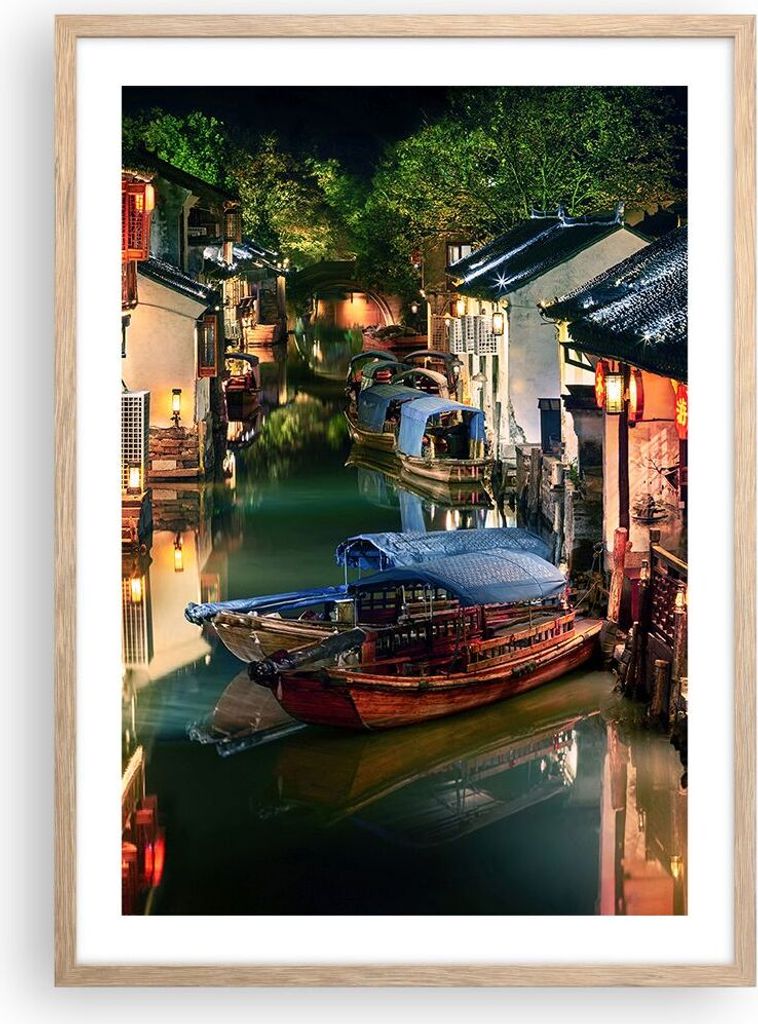 Gerahmtes Poster - Rahmen in heller Eiche - Chinesisch Stadt Nacht - 50x70 cm - Wand Bild - Wanddeko - Wandbilder - Kunstposter - Wandposter - Bild...