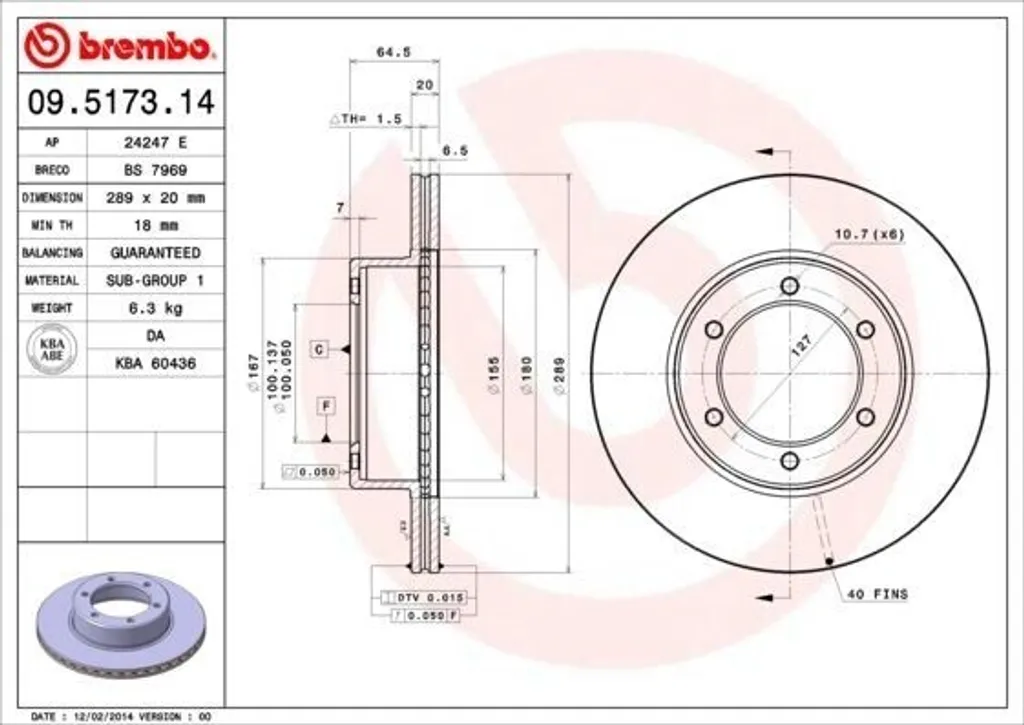 Disque de frein ventilé Brembo 09.5173.14 pour Toyota Hilux 4WD