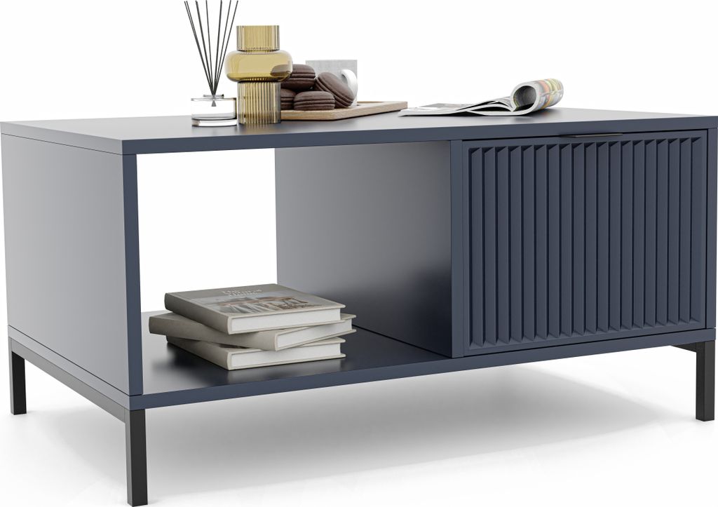 IDOHOME Couchtisch Wave Wohnzimmertisch Beistelltisch Modern mit Schublade und Ablage Couchtisch mit Stahlgestell Sofatisch Kaffeetisch Indigo