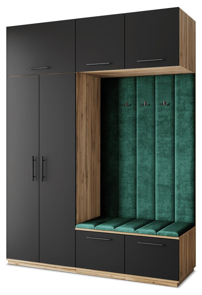 Masseno Garderobe-Set REMA 180/240/60 cm Modern Garderobenschrank Eiche Wotan, Veloursstoff MONOLITH 37 (Grün)