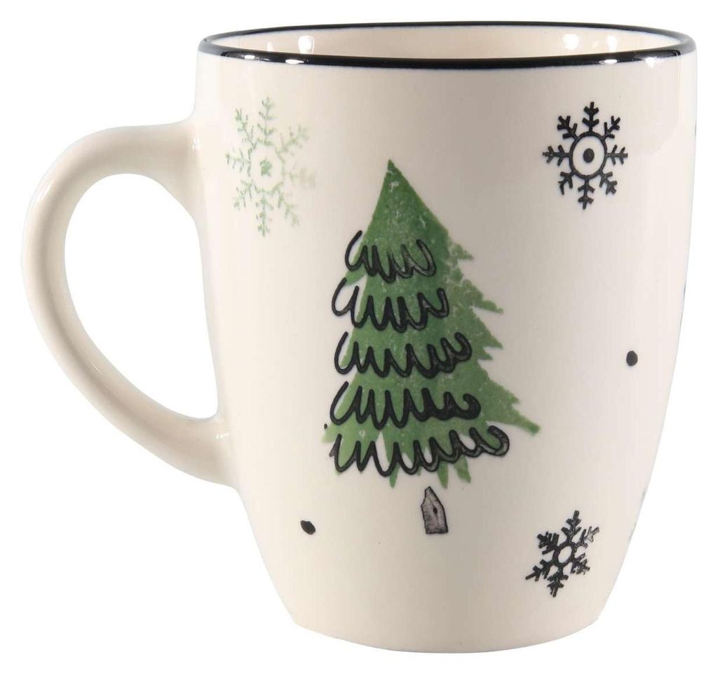 Becher aus Steingut mit grün-weißem Weihnachtsbaum-Motiv, Produktbild 