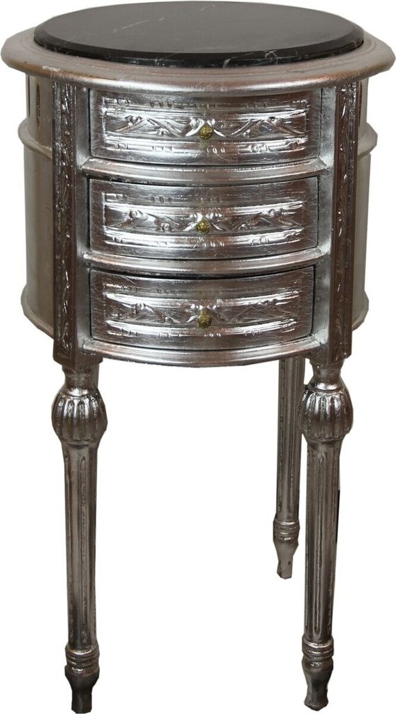 Casa Padrino Barock Beistelltisch mit Marmorplatte Silber / Schwarz Ø 42 x H. 73 cm - Handgefertigte kleine runde Kommode mit 3 Schubladen