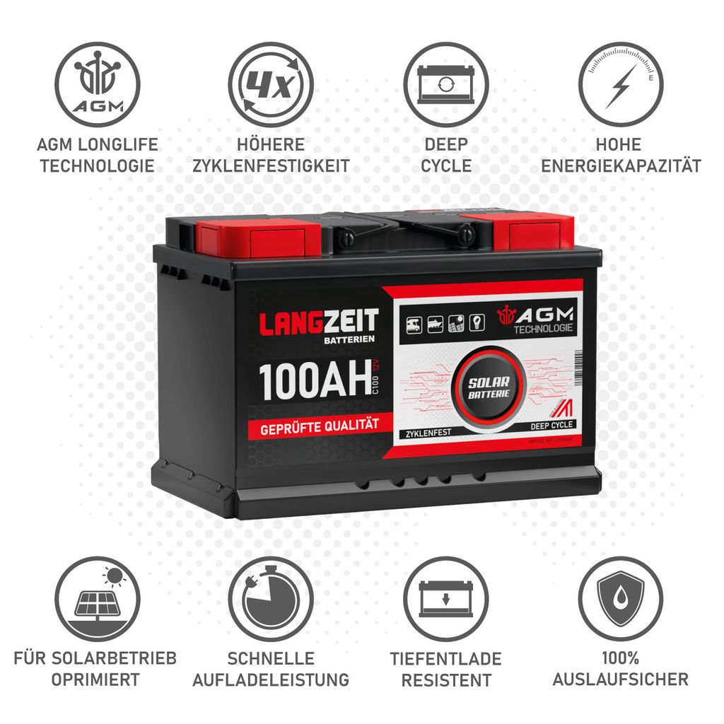 Langzeit AGM Batterie 100Ah 12V Solarbatterie