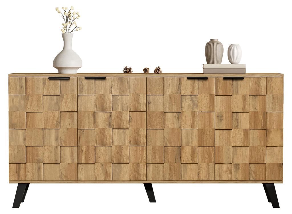 Sideboard Kommode Anrichte mit 4 Türen & höhenverstellbaren Einlegeböden, Moderne Holz-Optik mit Quadrat-Muster, 160,5 x 35,5 x 78 cm, Dunkelbra...