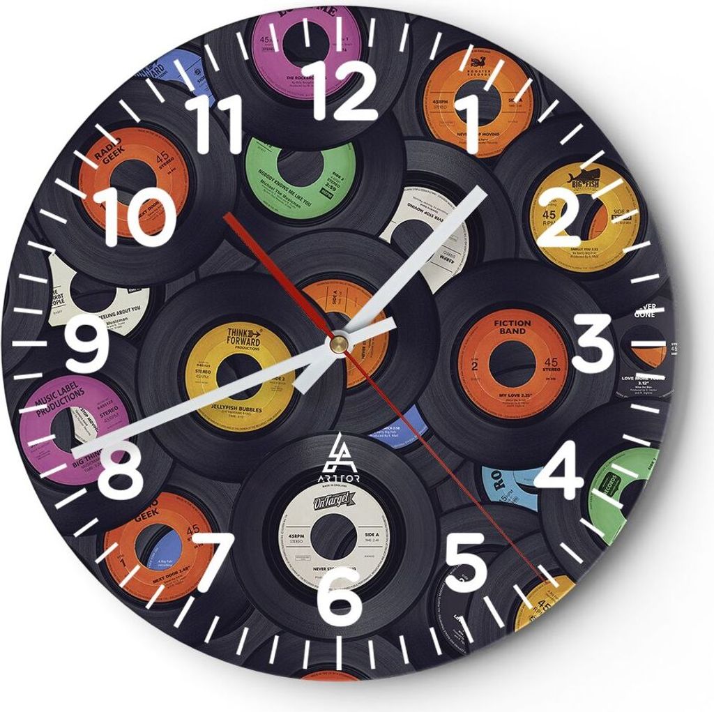 Wanduhr - Rund - Glasuhr - Platten Vinyl Grafiken - 30x30cm - Schleichendes Uhrwerk - Lautlos - zum Aufhängen bereit - Dekoration Modern - Wanddek...