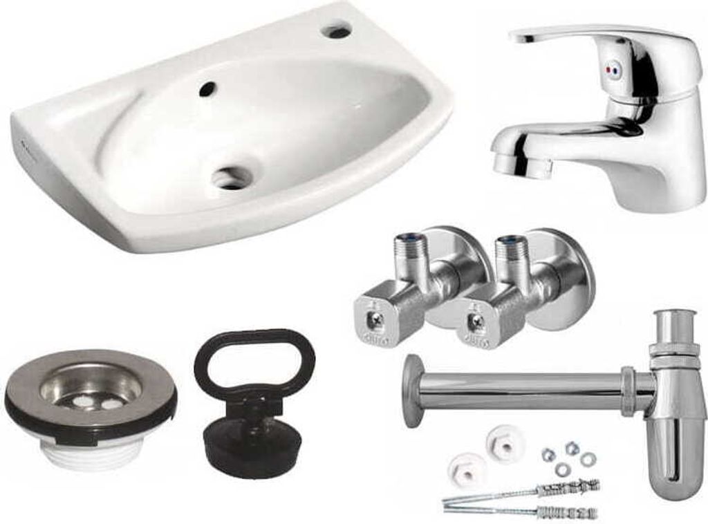Set: Waschtisch 35 x 28cm weiß, Waschtischmischer chrom, Produktbild 
